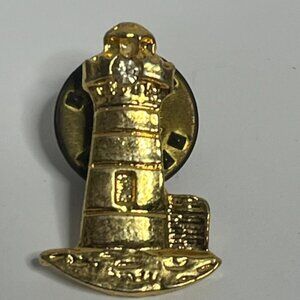 VTG Gold Tone Metal Lighthouse w/Rhinestone Lapel Hat Vest Hat Pin .5"x.75"
